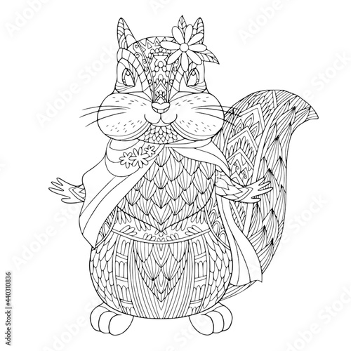 Lovely female chipmunk with flower and clothes. Fairy tale coloring book page for children and adult with zentangle elements. Vector isolated hand drawing.