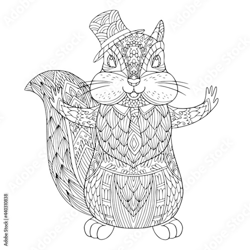 Funny male chipmunk with tie and hat. Coloring book page for children and adult with zentangle elements. Vector isolated hand drawing.