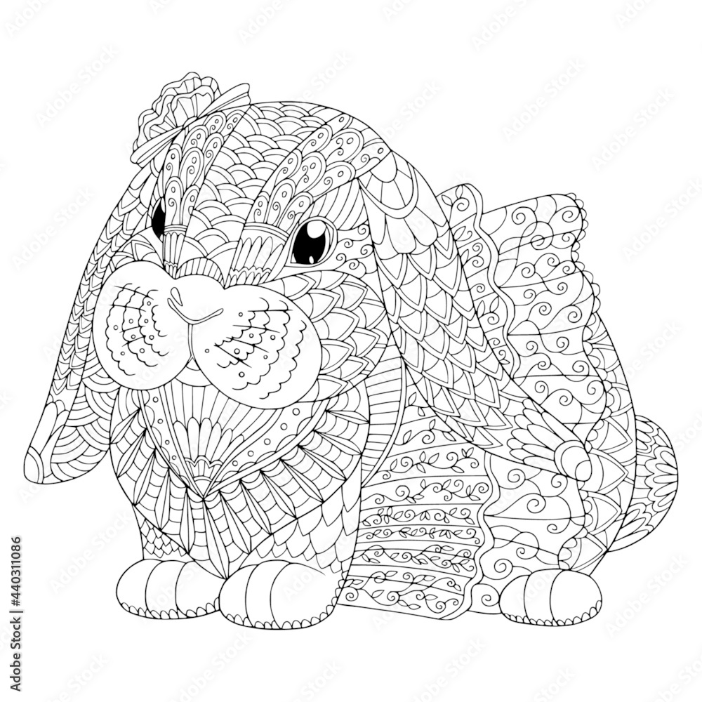 Fototapeta premium Baby girl rabbit in cute clothes coloring book page for adult isolated. Vector illustration of bunny with doodle and zentangle elements for meditation.