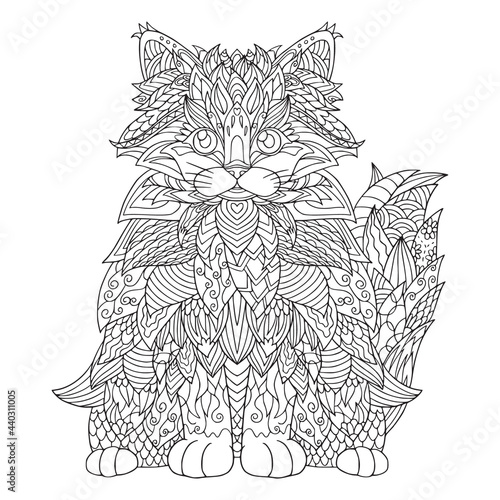 Coloring book cat with vintage pattern and zentangle elements isolated on white. Hand drawn coloring book page for adult for antustress.