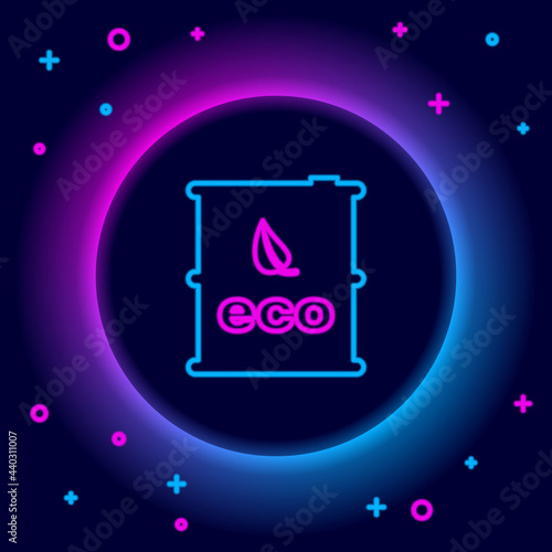 Glowing neon line Bio fuel barrel icon isolated on black background. Eco bio and canister. Green environment and recycle. Colorful outline concept. Vector