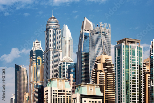 Close-up view of the many skyscrapers in the Dubai Marina area. Real estate investments in the United Arab Emirates