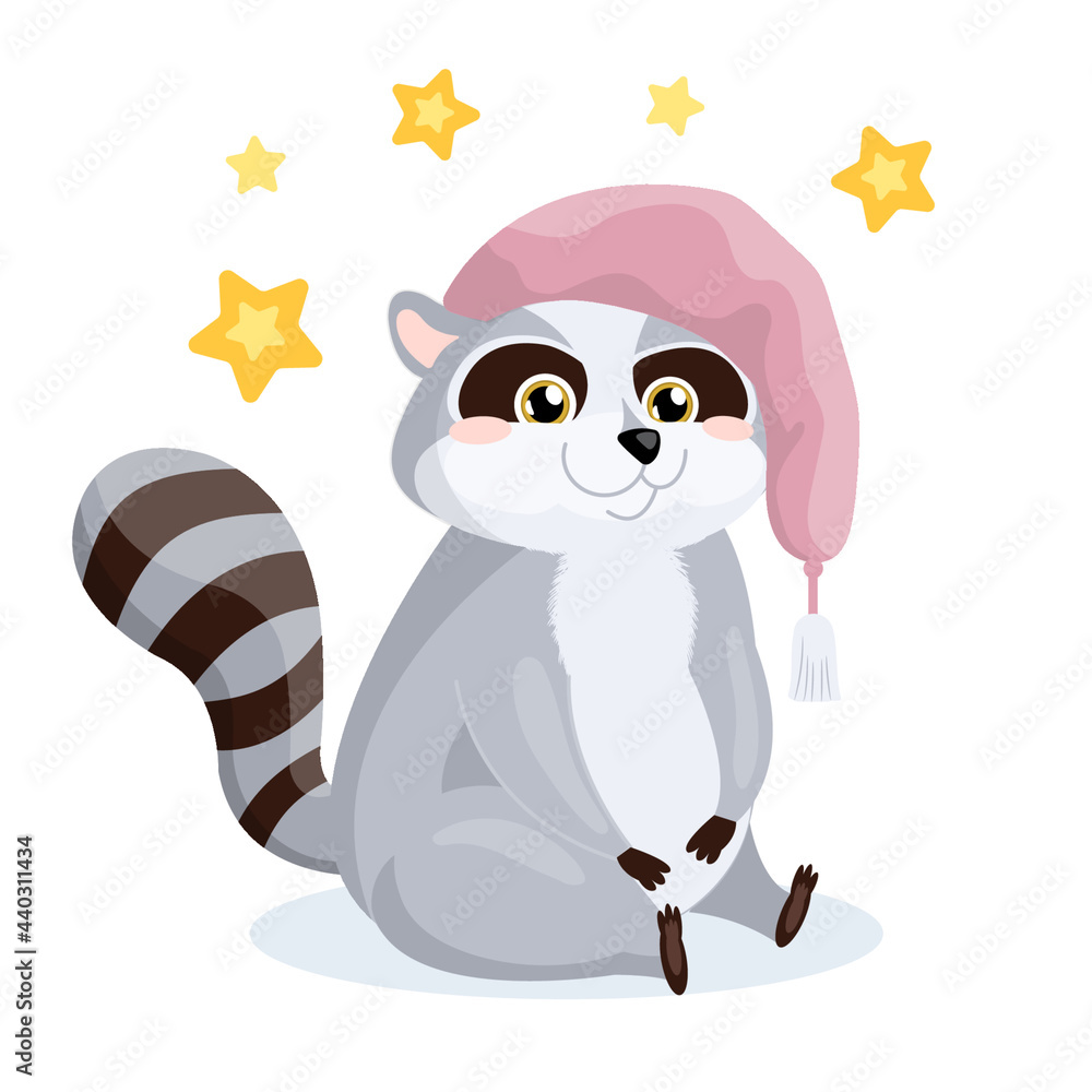 Obraz premium Funny cartoon raccoon in sleeping hat for children. Baby animal vector isolated illustration for sticker, print, poster, nurcery.
