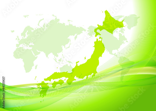 緑色のデジタルネットワーク地球背景-日本中心
