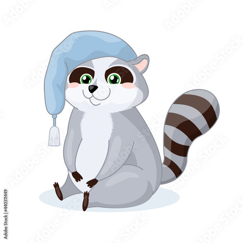 Funny raccoon baby animal in sleeping hat for nurcery  print. Vector isolated illustration.