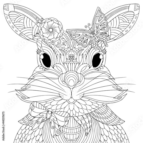 Cute bunny girl portrait with flower, butterfly, bow. Coloring book page for adult with doodle and zentangle elements. Vector outline hand drawing.