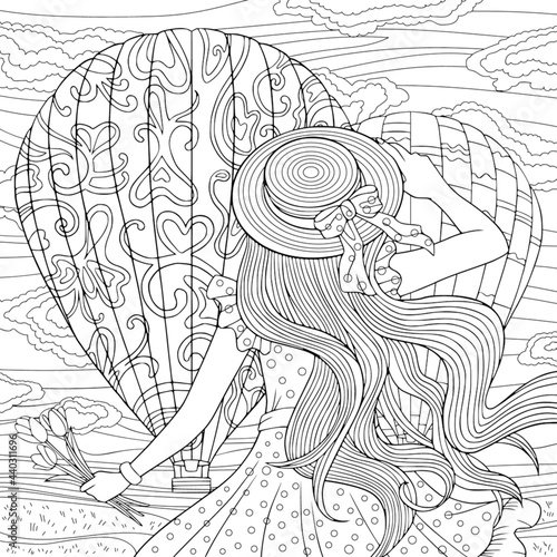 Girl in hat and summer dress look at hot air baloons and hold flower bouquet. Coloring book page with doodle and zentangle elements for adult for anti stress.