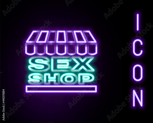 Glowing neon line Sex shop building with striped awning icon isolated on black background. Sex shop, online sex store, adult erotic products concept. Colorful outline concept. Vector