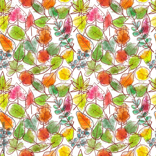Seamless background with colored doodle green, yellow and red leaves. Can be used for wallpaper, pattern fills, textile, web page background, surface textures.