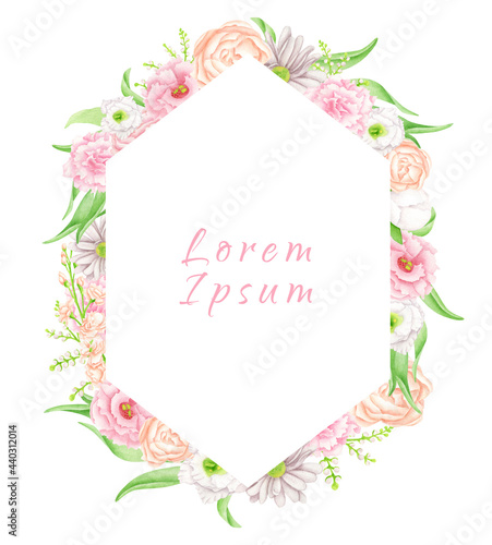 Floral border frame. Hand drawn watercolor hexagon frame with blush flowers isolated on white. Geometric template with pastel flower buds, leaves for wedding invitations, save the date, cards