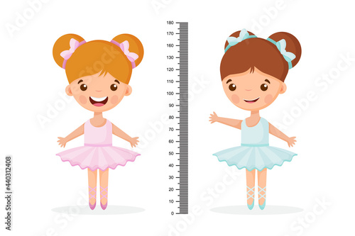Kids meter wall with a cute cartoon girl and measuring ruler. Vector illustration of an girl isolated background.