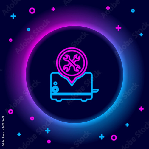 Glowing neon line Toaster with screwdriver and wrench icon isolated on black background. Adjusting, service, setting, maintenance, repair, fixing. Colorful outline concept. Vector