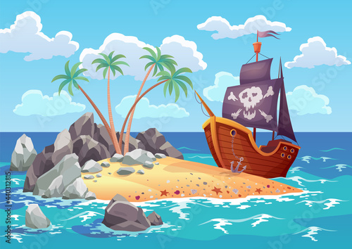 Pirate ocean island in cartoon style with ship moored on the island. Palm trees on uninhabited sea island. Tropical landscape with sandy beach and tropical nature
