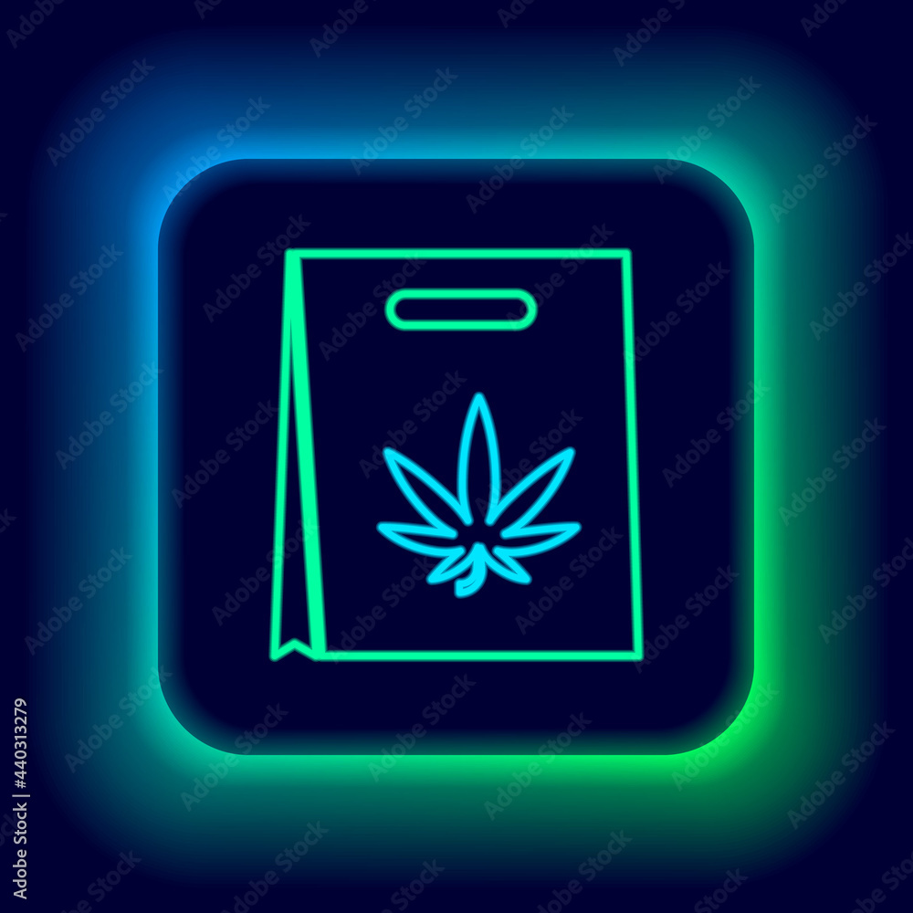 Glowing neon line Shopping paper bag of medical marijuana or cannabis leaf icon isolated on black background. Buying cannabis. Hemp symbol. Colorful outline concept. Vector Glowing neon line Shopping paper bag of medical marijuana or cannabis leaf icon isolated on black background. Buying cannabis. Hemp symbol. Colorful outline concept. Vector