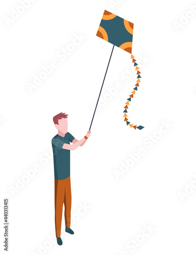People in park isometric. Man launches a flying snake. Active living recreation activities. Spending free time usefully. Vector character isolated on white