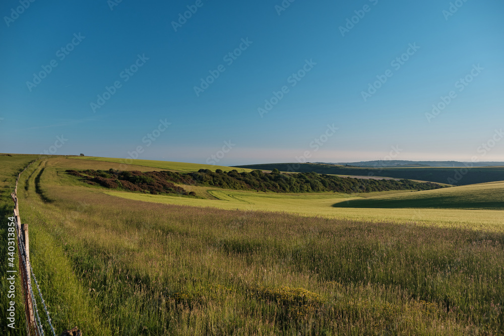 A fence running along farmland on a sunny evening in the South Downs National Park. The low sun is casting highlights and shadows onto the hills. 