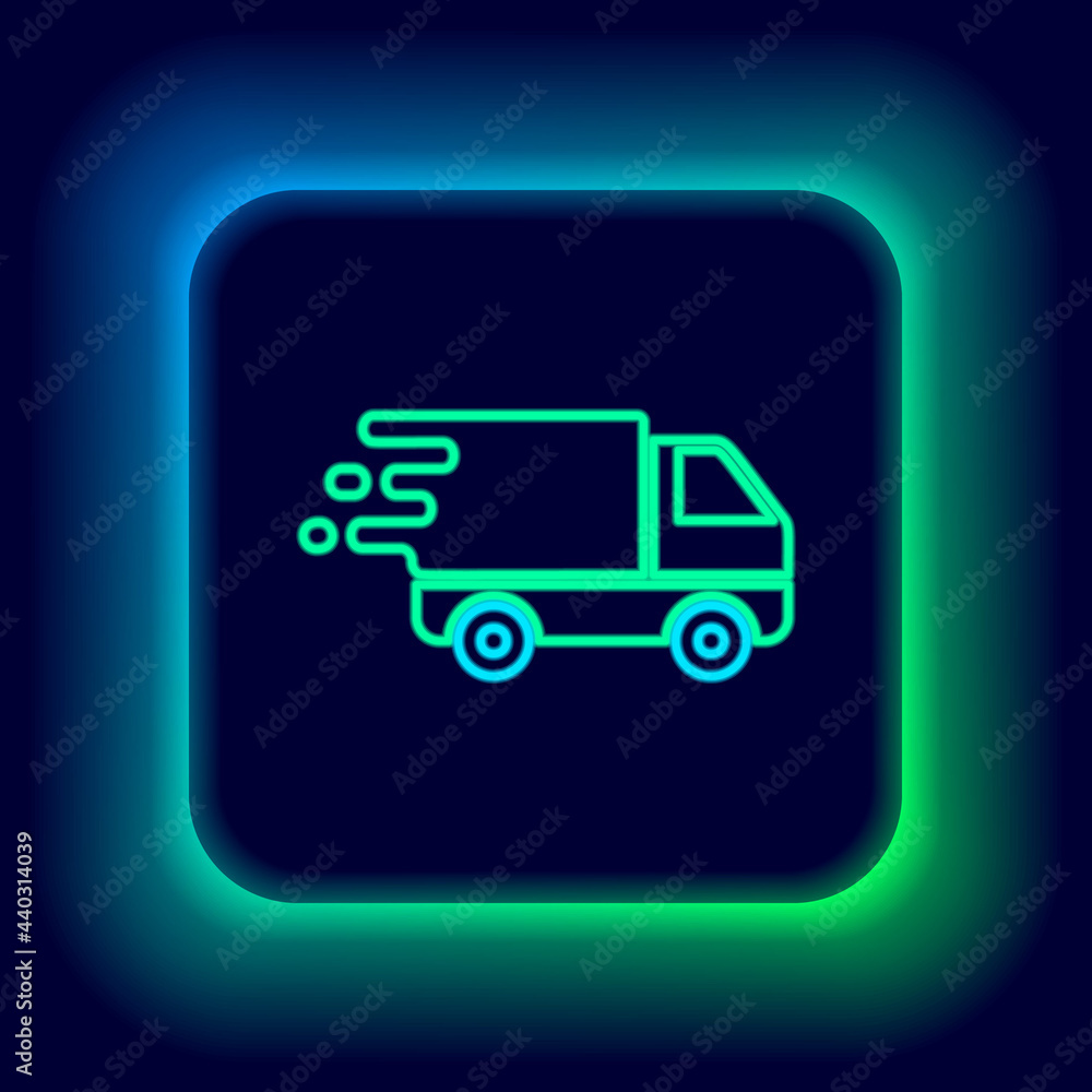 Glowing neon line Delivery truck in movement icon isolated on black background. Fast shipping delivery truck. Colorful outline concept. Vector Glowing neon line Delivery truck in movement icon isolated on black background. Fast shipping delivery truck. Colorful outline concept. Vector