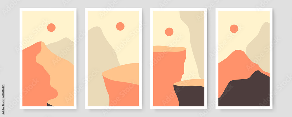 Abstract landscape illustrations. Mountains, sun, moon, sunset, desert, hills minimalist design. Trendy mid century art, boho home decor, wall art. Minimal bohemian boho Scandinavian poster