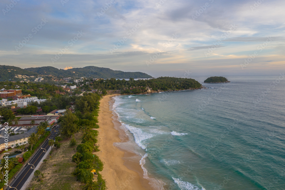 .aerial view above quite beach in Karon beach Phuket..Calm seas during the coronavirus pandemic.. .aerial view above quite beach in Karon beach Phuket..Calm seas during the coronavirus pandemic..