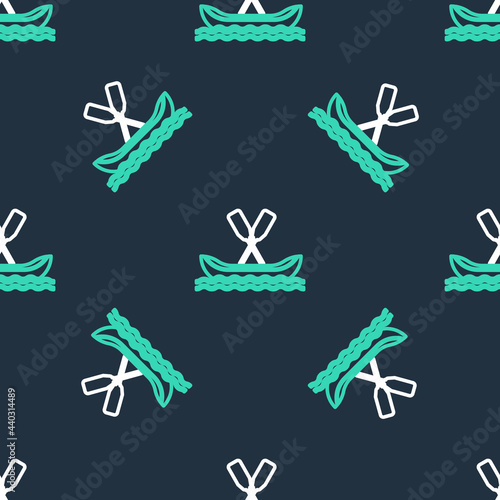 Line Rafting boat icon isolated seamless pattern on black background. Kayak with paddles. Water sports, extreme sports, holiday, vacation, team building. Vector