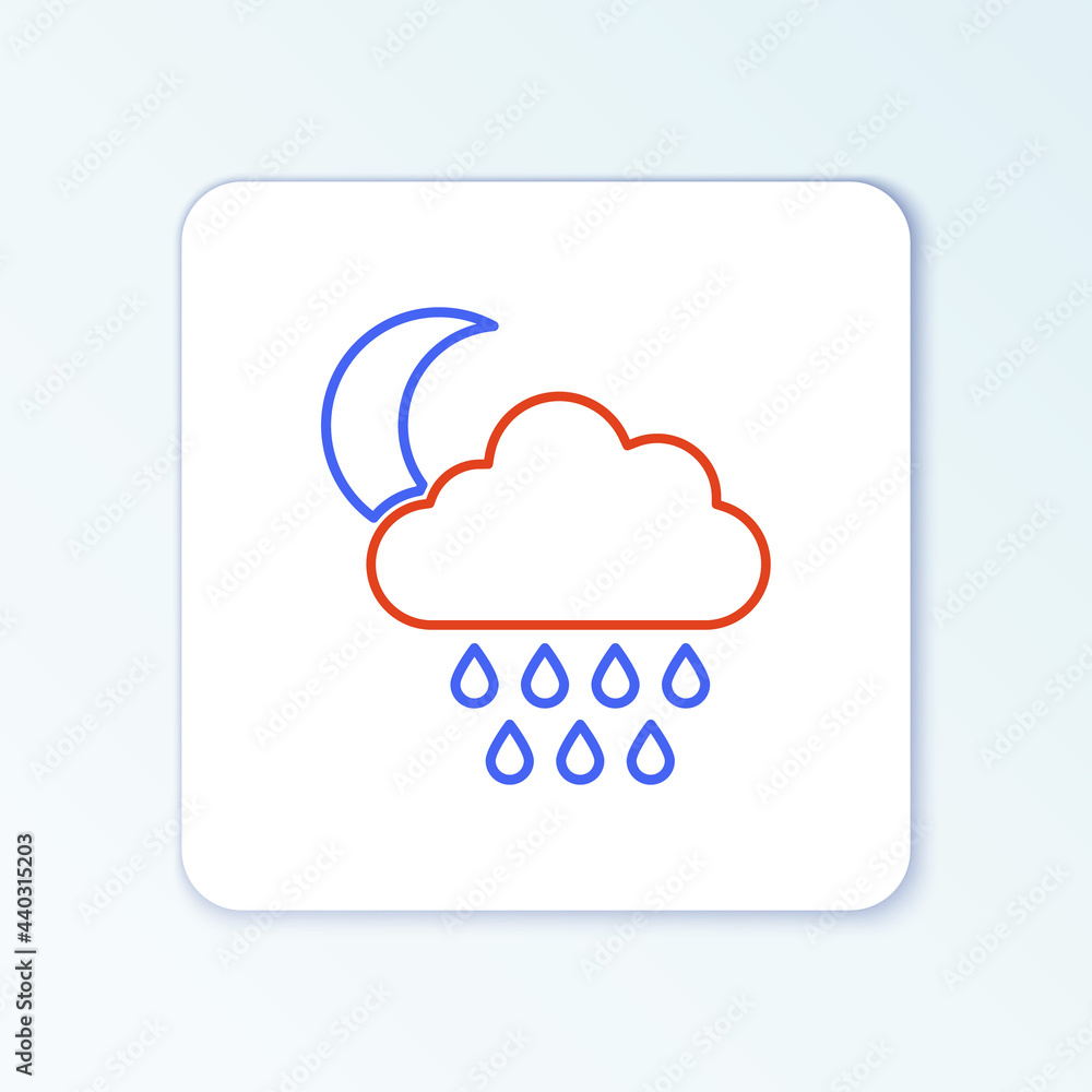 Line Cloud with rain and moon icon isolated on white background. Rain cloud precipitation with rain drops. Colorful outline concept. Vector Line Cloud with rain and moon icon isolated on white background. Rain cloud precipitation with rain drops. Colorful outline concept. Vector