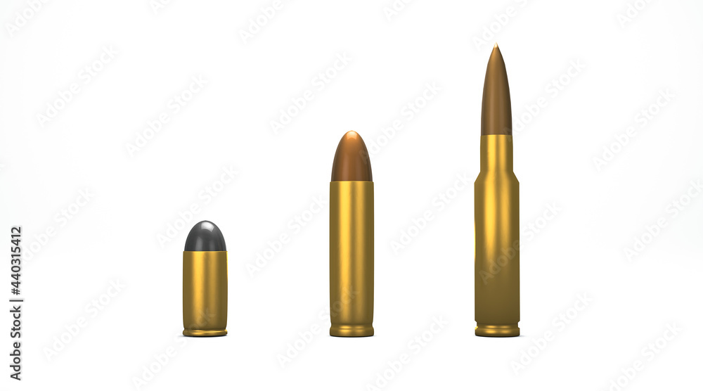 3D rendering, Close up 3 different category gun bullets mock up, isolated on white background. 3D rendering, Close up 3 different category gun bullets mock up, isolated on white background.