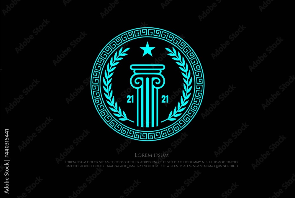 Ancient Greek Coin with Pillar Column, Laurel Wreath, Border Pattern Label Badge Emblem Logo Design Vector - obrazy, fototapety, plakaty 