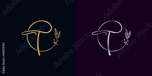 set of luxury golden and silver signature letter T isolated circle with leaves ahead. vector monogram for personal signature, cosmetic, restaurant, boutique, hotel , nature logo concept vector