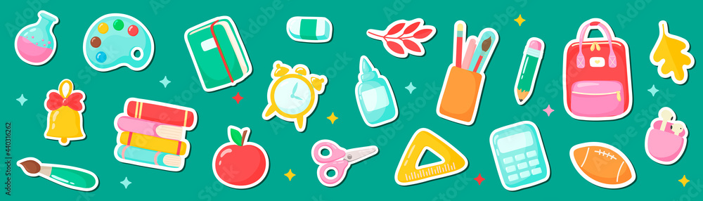 banner back to school. school subjects stickers. cartoon style. banner back to school. school subjects stickers. cartoon style.