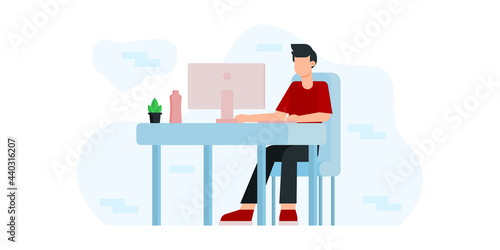 Flat vector business technology cloud computing service concept and with developer team working concept. Flat office worker with marketing, collaboration, finance, and IT meeting using laptop