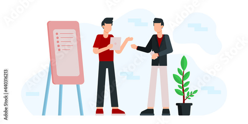 Flat vector business technology cloud computing service concept and with developer team working concept. Flat office worker with marketing, collaboration, finance, and IT meeting using laptop