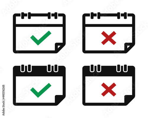 Calender with check mark icon and cross sign. Event planner. Schedule approved or canceled. Isolated on white background. Illustration vector