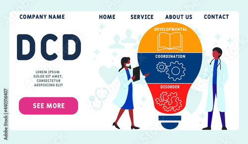 Vector website design template . DCD - Developmental Coordination Disorder acronym. medical concept. illustration for website banner, marketing materials, business presentation, online advertising.