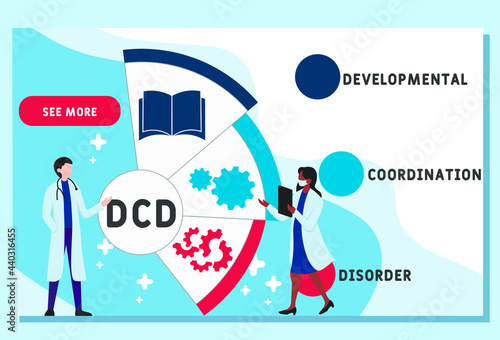 Vector website design template . DCD - Developmental Coordination Disorder acronym. medical concept. illustration for website banner, marketing materials, business presentation, online advertising.