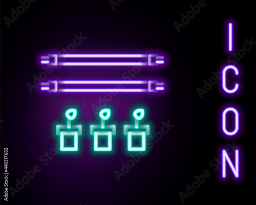 Glowing neon line Smart farm with light bulb and plant symbol icon isolated on black background. Colorful outline concept. Vector
