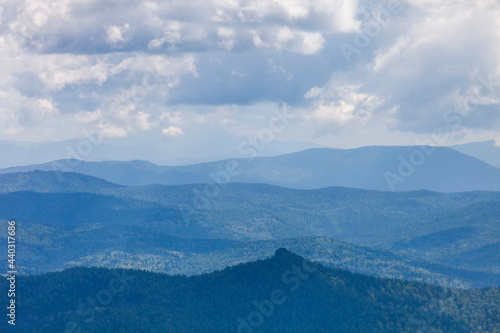 Blue hills in the distance. Mountain Shoria landscapes. Kemerovo region, Russia