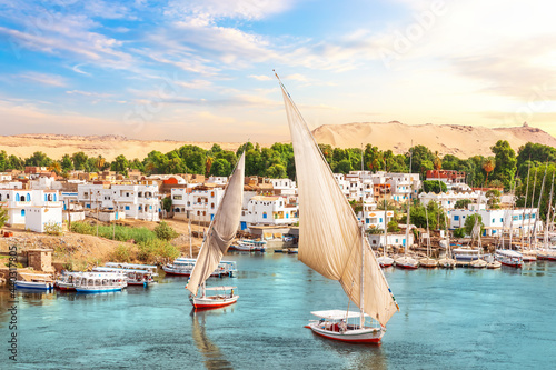 Traditional view of Aswan, the Nile and sailboats, Egypt