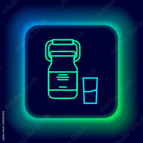 Glowing neon line Can container for milk and glass icon isolated on black background. Colorful outline concept. Vector