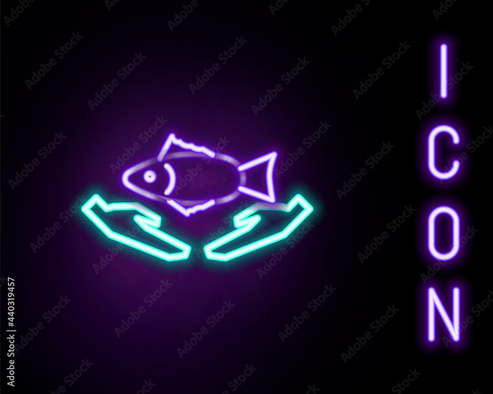 Glowing neon line Fish care icon isolated on black background. Colorful outline concept. Vector Glowing neon line Fish care icon isolated on black background. Colorful outline concept. Vector