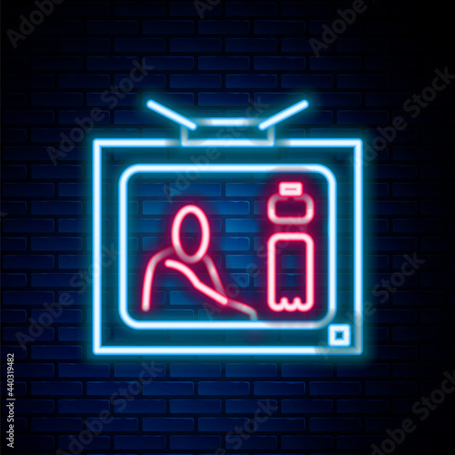 Glowing neon line Stop plastic pollution icon isolated on brick wall background. Ecological poster. Colorful outline concept. Vector