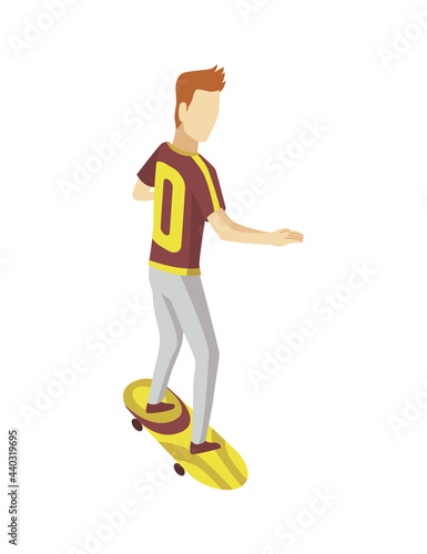 Visitor of isometric skatepark. Young man riding on skateboard. Modern youth leisure. Recreation playground vector illustration