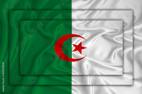 Algeria flag on background texture. Three flags are superimposed on each other. The concept of design solutions. 3D-rendering