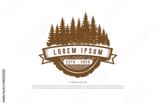 Retro Vintage Pine Cedar Spruce Evergreen Fir Hemlock Larch Cypress Trees Forest with Wood for Timber Logging Logo Design Vector