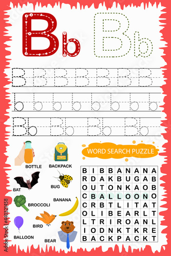 educational worksheet for children learning the English alphabet. Handwriting and crossword puzzle game for memorizing words. Letter B