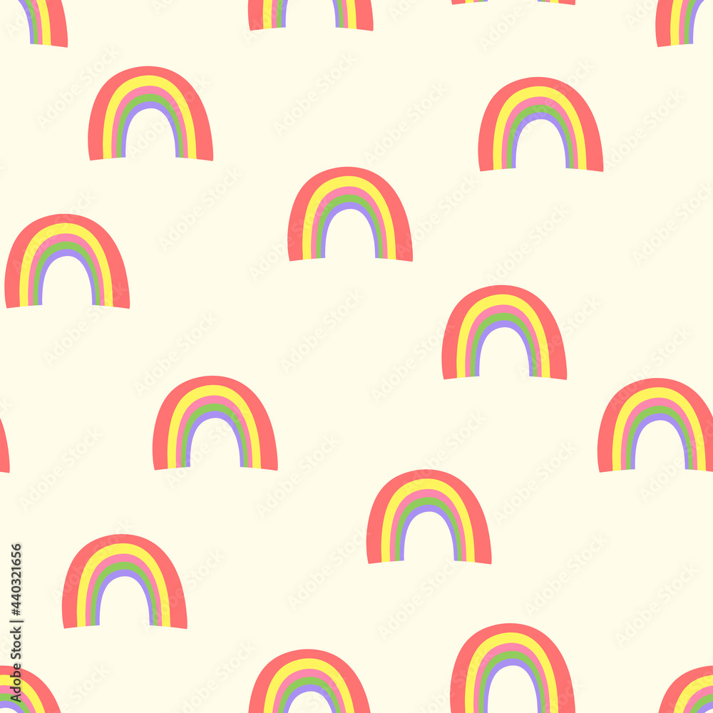 Fototapeta Trendy seamless pattern with colorful rainbow on color background. Design for invitation, poster, card, fabric, textile, fabric. Cute holiday illustration for baby. Doodle style
