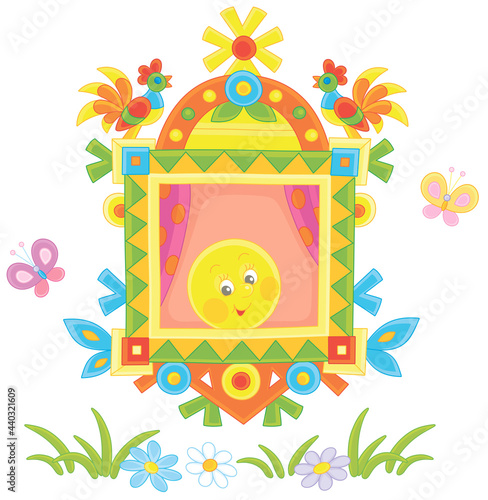 Freshly backed happy round loaf friendly smiling and looking out of a traditionally decorated window of a village log house from a fairytale, vector cartoon illustration isolated on white