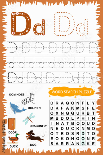 educational worksheet for children learning the English alphabet. Handwriting and crossword puzzle game for memorizing words. Letter D