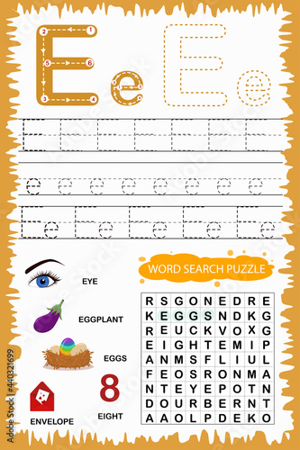 educational worksheet for children learning the English alphabet. Handwriting and crossword puzzle game for memorizing words. Letter E