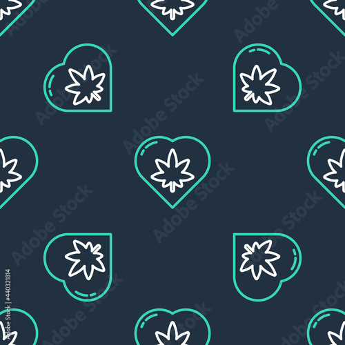 Line Marijuana leaf in heart shape icon isolated seamless pattern on black background. Hemp symbol. Vector