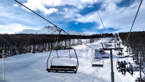 USHUAIA, ARGENTINA - SEPTEMBER 05, 2017: Lifts at Cerro Castor, a ski resort on the southern slope of Mount Krund, 26 km (16 mi) from the city of Ushuaia. End of winter.